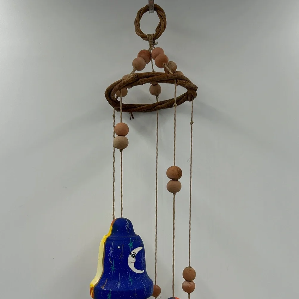 Handmade Celestial Clay Bell Wind Chime Sun Moon Star Terracotta Boho Zen Witchy